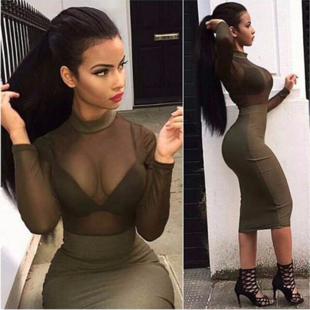 Olive Sheer Mesh Long Sleeve Bandage Dress #624 - Picture 1 of 2
